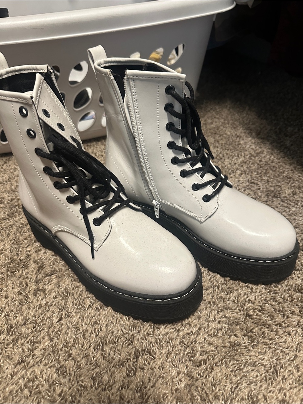 Steve Madden White Platform Combat Boots with Black Laces